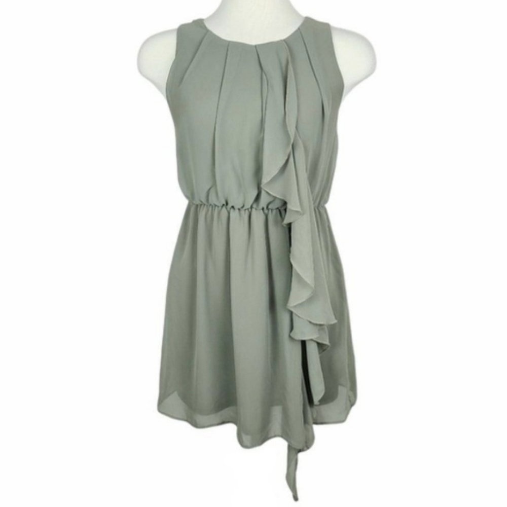 H&M Sage Green Sleeveless Chiffon Ruffle Front Dress Women's Size 4 Pleated Neck